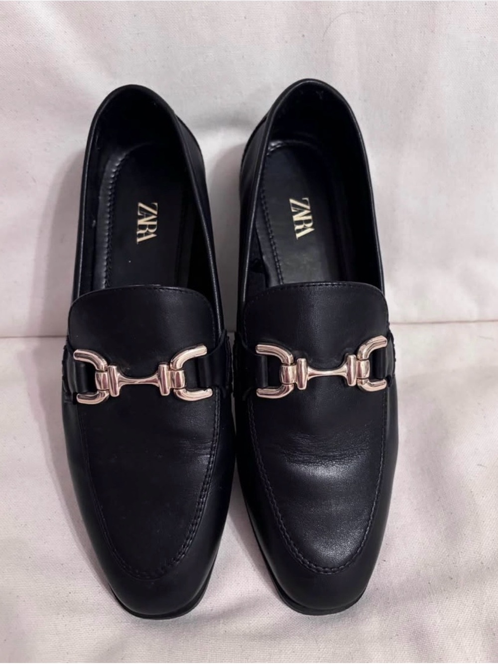 Zara Black Leather Loafers with Gold Buckle size US 7.5 / EU 38
